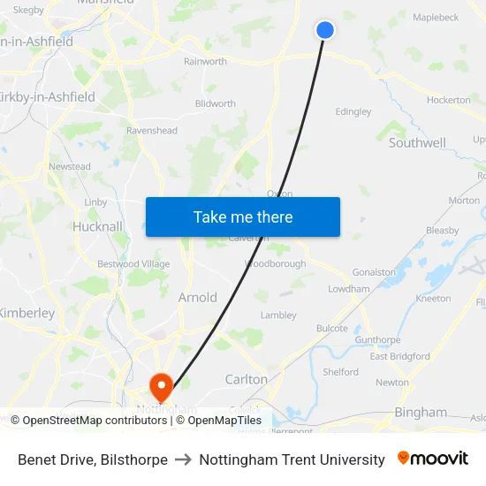 Benet Drive, Bilsthorpe to Nottingham Trent University map
