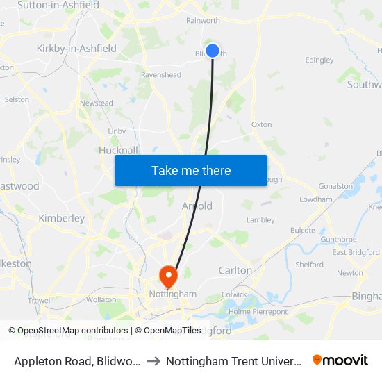 Appleton Road, Blidworth to Nottingham Trent University map