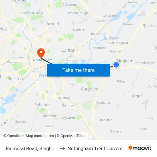 Balmoral Road, Bingham to Nottingham Trent University map