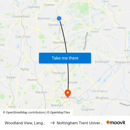 Woodland View, Langwith to Nottingham Trent University map