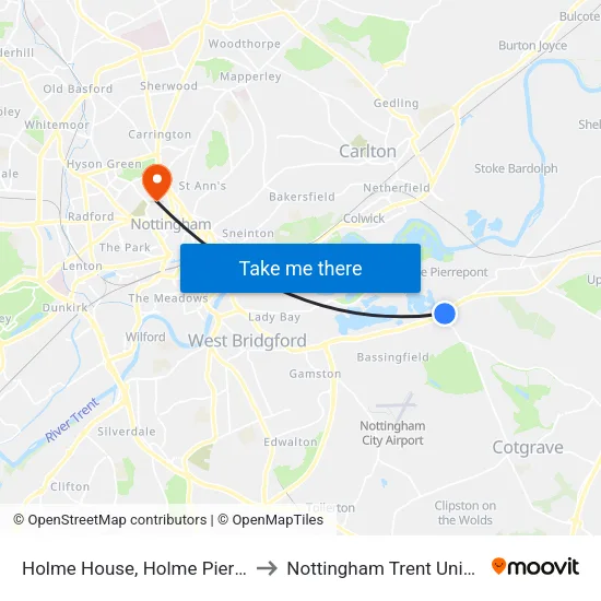 Holme House, Holme Pierrepont to Nottingham Trent University map