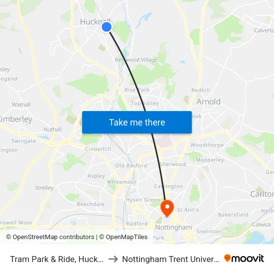 Tram Park & Ride, Hucknall to Nottingham Trent University map