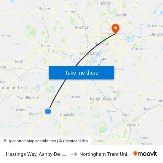 Hastings Way, Ashby-De-La-Zouch to Nottingham Trent University map