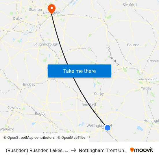 (Rushden) Rushden Lakes, Rushden to Nottingham Trent University map