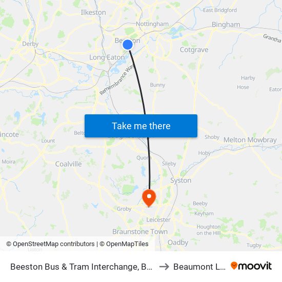 Beeston Bus & Tram Interchange, Beeston to Beaumont Leys map