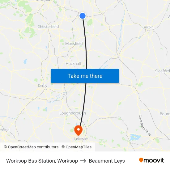 Worksop Bus Station, Worksop to Beaumont Leys map