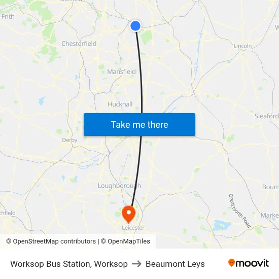 Worksop Bus Station, Worksop to Beaumont Leys map