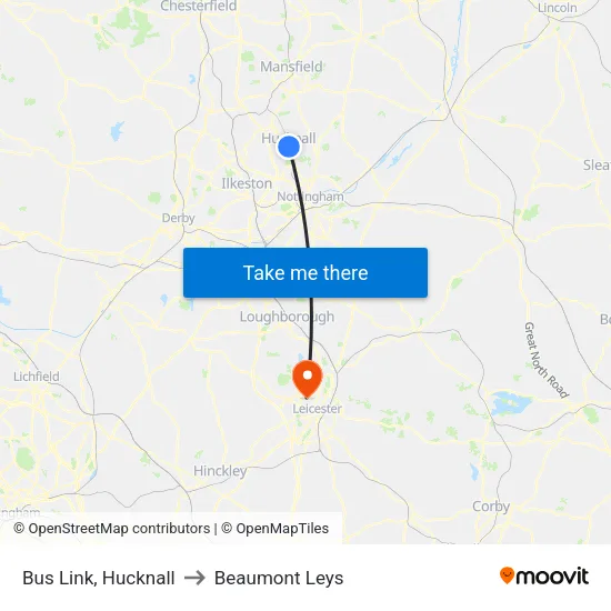 Bus Link, Hucknall to Beaumont Leys map