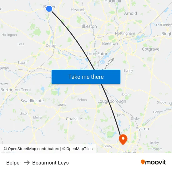 Belper to Beaumont Leys map