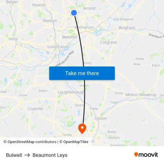 Bulwell to Beaumont Leys map