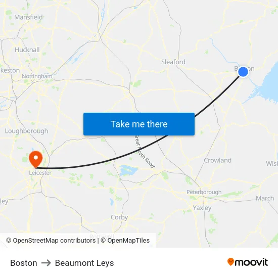Boston to Beaumont Leys map