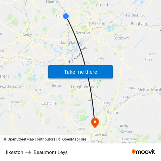 Ilkeston to Beaumont Leys map