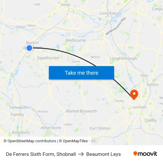 De Ferrers Sixth Form, Shobnall to Beaumont Leys map