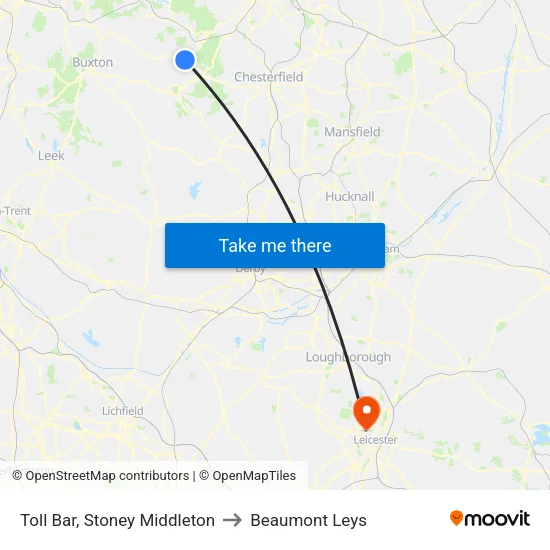 Toll Bar, Stoney Middleton to Beaumont Leys map