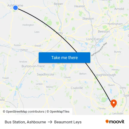 Bus Station, Ashbourne to Beaumont Leys map