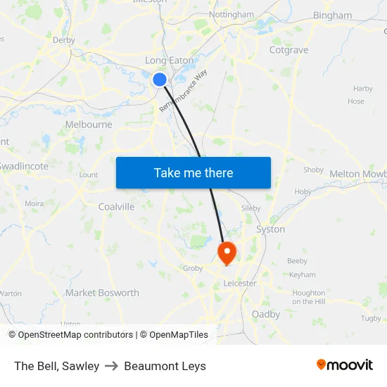 The Bell, Sawley to Beaumont Leys map