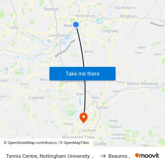 Tennis Centre, Nottingham University Main Campus (Un08) to Beaumont Leys map