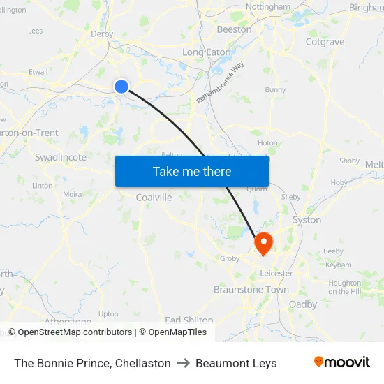The Bonnie Prince, Chellaston - Derby to Beaumont Leys map