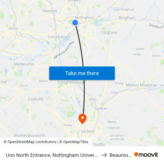 Uon North Entrance, Nottingham University Main Campus (Un14) to Beaumont Leys map