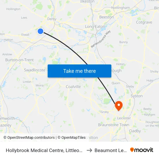 Hollybrook Medical Centre, Littleover to Beaumont Leys map