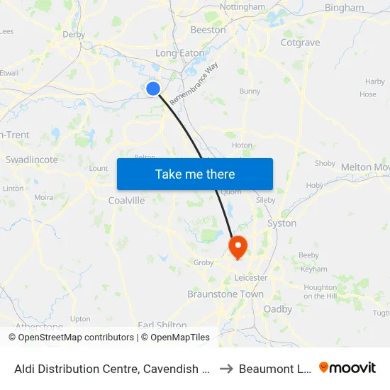 Aldi Distribution Centre, Cavendish Bridge to Beaumont Leys map