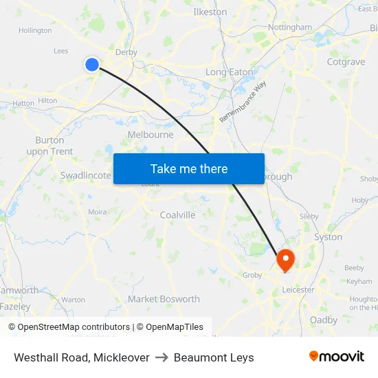 Westhall Road, Mickleover to Beaumont Leys map