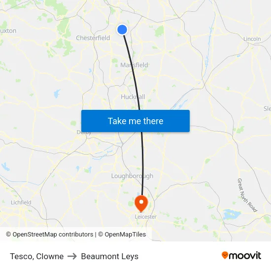 Tesco, Clowne to Beaumont Leys map