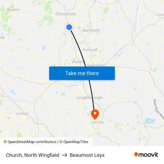 Church, North Wingfield to Beaumont Leys map