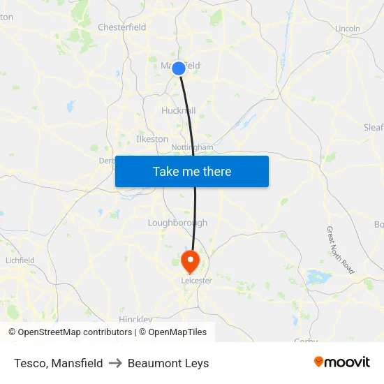 Tesco, Mansfield to Beaumont Leys map