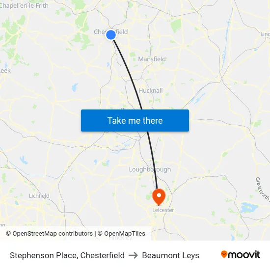 Stephenson Place, Chesterfield to Beaumont Leys map