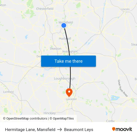 Hermitage Lane, Mansfield to Beaumont Leys map
