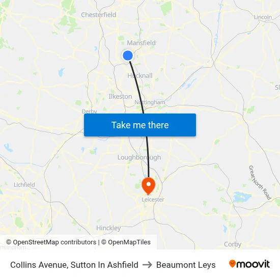 Collins Avenue, Sutton In Ashfield to Beaumont Leys map