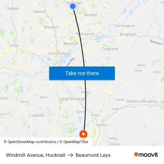 Windmill Avenue, Hucknall to Beaumont Leys map