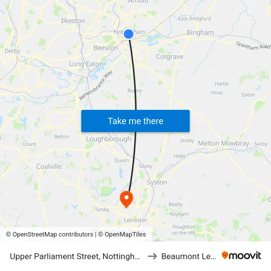 Upper Parliament Street, Nottingham to Beaumont Leys map