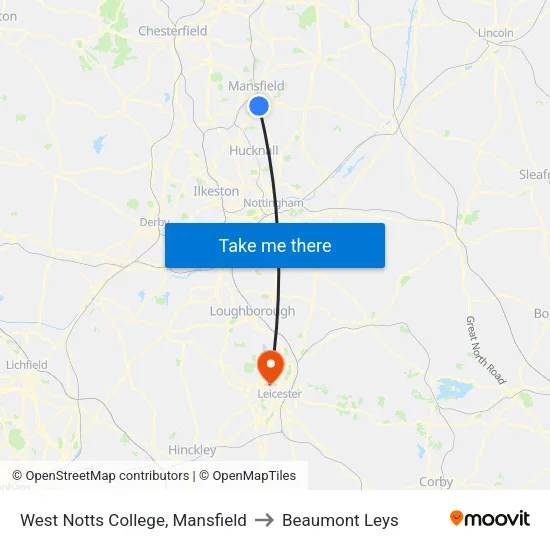 West Notts College, Mansfield to Beaumont Leys map