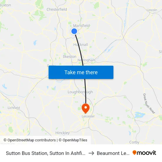 Sutton Bus Station, Sutton In Ashfield to Beaumont Leys map