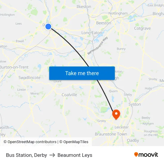 Bus Station, Derby to Beaumont Leys map