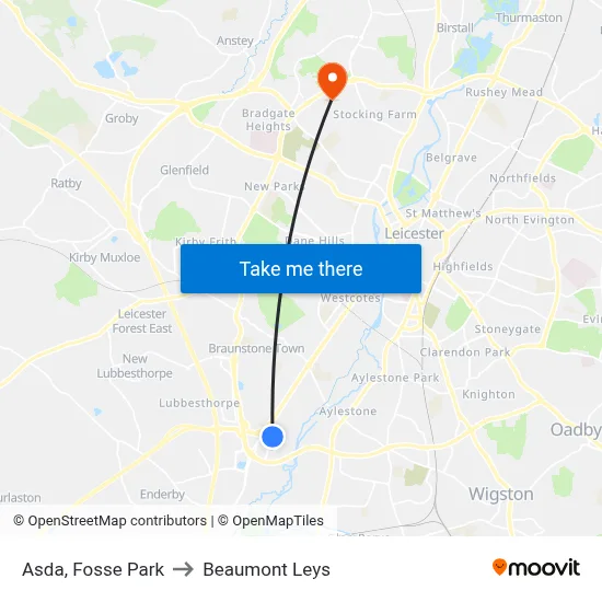 Asda, Fosse Park to Beaumont Leys map