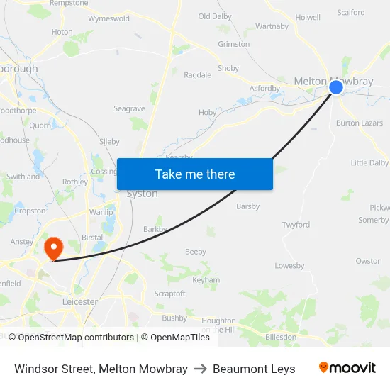 Windsor Street, Melton Mowbray to Beaumont Leys map