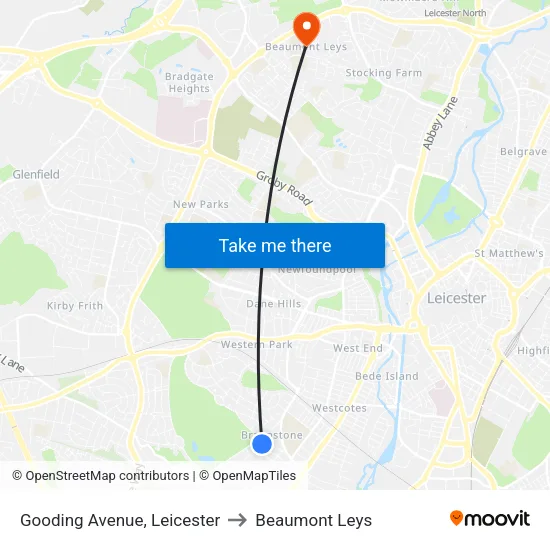 Gooding Avenue, Leicester to Beaumont Leys map