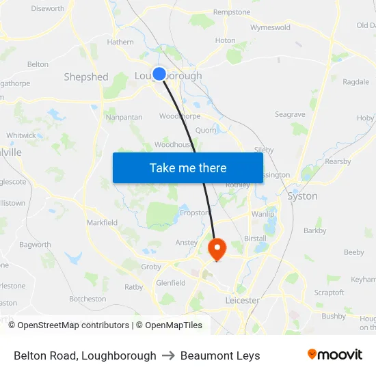 Belton Road, Loughborough to Beaumont Leys map
