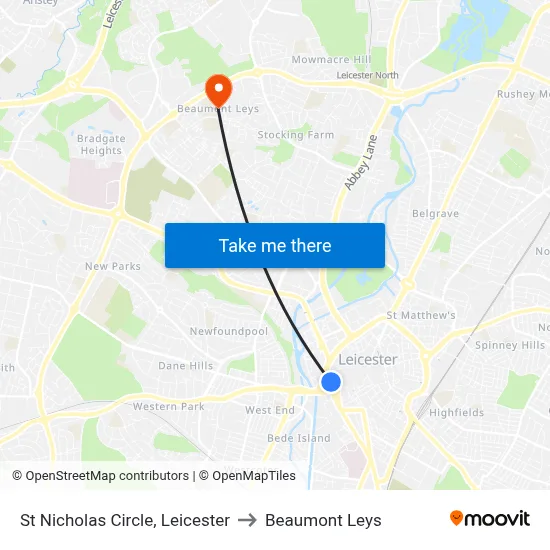 St Nicholas Circle, Leicester to Beaumont Leys map