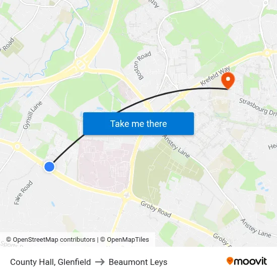 County Hall, Glenfield to Beaumont Leys map