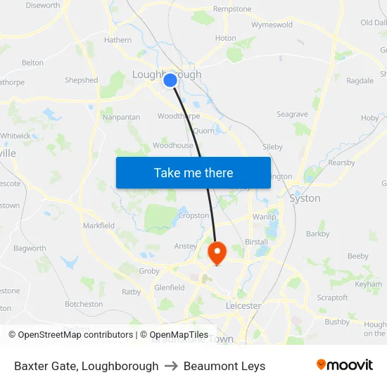 Baxter Gate, Loughborough to Beaumont Leys map