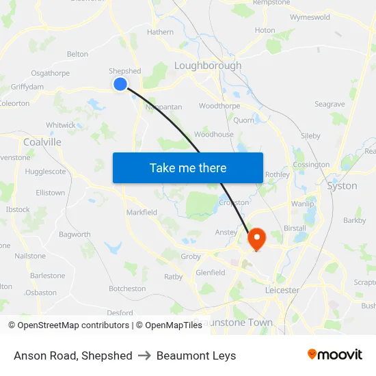 Anson Road, Shepshed to Beaumont Leys map