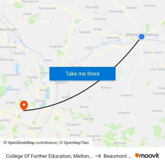 College Of Further Education, Melton Mowbray to Beaumont Leys map