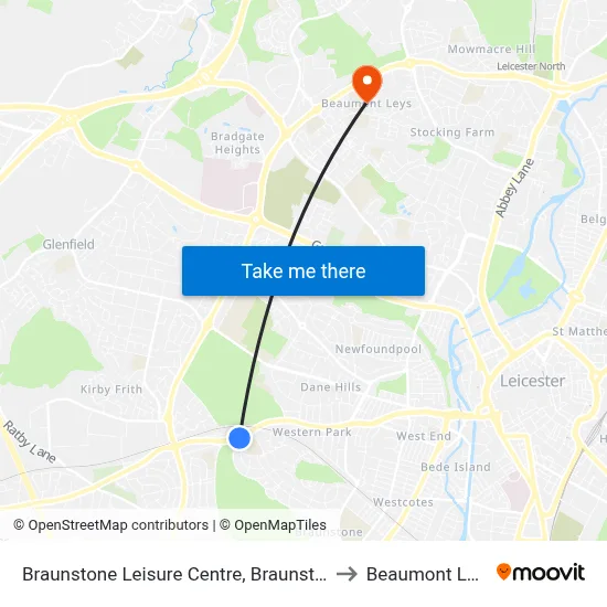 Braunstone Leisure Centre, Braunstone to Beaumont Leys map