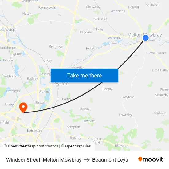 Windsor Street, Melton Mowbray to Beaumont Leys map