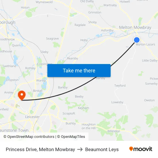 Princess Drive, Melton Mowbray to Beaumont Leys map