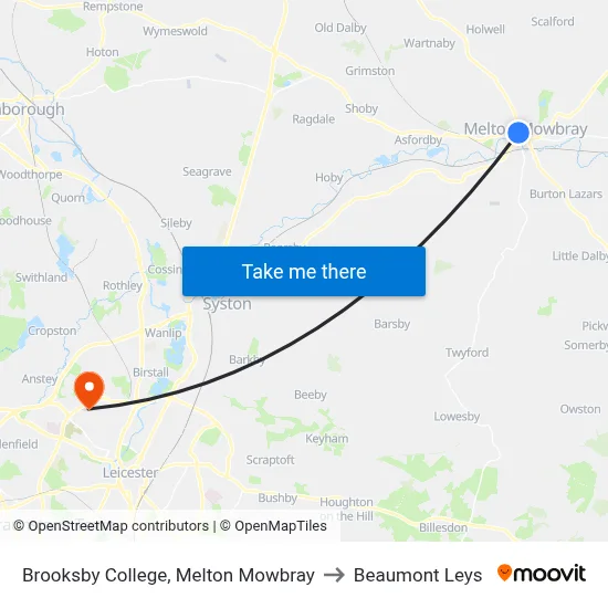 Brooksby College, Melton Mowbray to Beaumont Leys map